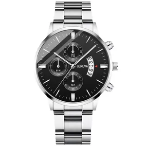 Elegant men's minimalist stainless steel quartz watch featuring a black dial and date window