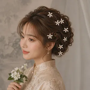 Detail shot of vintage pearl flower hairpins on an elegant bridal updo hairstyle.