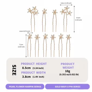 Specifications and dimensions of vintage pearl flower U-shaped hairpin set for bridal hair.