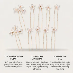 Detailed view of handmade pearl flower U-shaped hairpins with feature descriptions