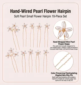 Detailed macro view of handmade pearl flower U-shaped hairpins in a 10-piece set