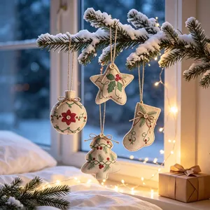 Rustic burlap Christmas ornaments set hanging on snowy pine branch near a cozy window