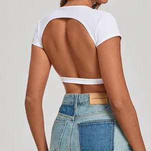 Maglietta Sportiva Donna Yoga Senza Schiena Asciugatura Rapida Top Cropped Aderente Fitness T-Shirt Con Imbottiture Rimovibili