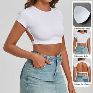 Crop top yoga bianco schiena scoperta asciugatura rapida con imbottiture rimovibili