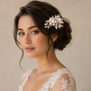 Detail of handmade bridal hair comb with pearls and crystals on elegant wedding hairstyle