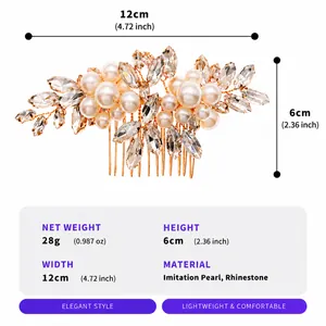 Detailed view of bridal hair comb with pearls, rhinestones and size specifications.