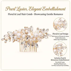 Detail of bridal hair comb with elegant white pearls and sparkling leaf rhinestones.