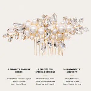 Detailed view of elegant bridal hair comb with imitation pearls and sparkling crystals
