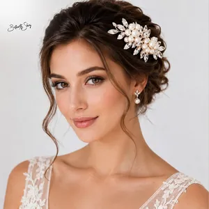 Elegant Handmade Bridal Hair Comb Rhinestone Imitation Artificial Pearl Wedding Hair Clip Gold Floral Headpiece Hair Accessories