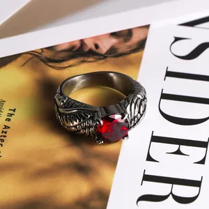 Vintage Punk Stainless Steel Wing Feather Ring For Men Women Large Red Round Rhinestone Inlaid Gothic Fashion Finger Ring