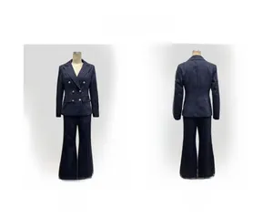 Detailed front and back views of a navy pinstripe blazer and flared trouser suit.