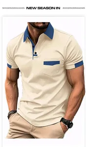 Close-up detail of men's polo shirt with blue contrast collar and pocket trim
