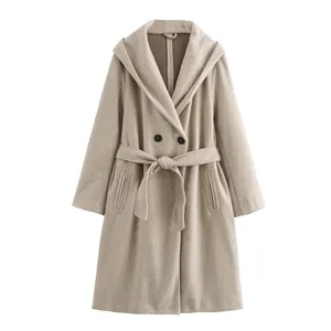 Elegant beige hooded wool coat for women with adjustable waist belt and loose fit design