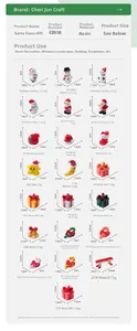 Detailed specification sheet for various resin Christmas figurines with dimensions