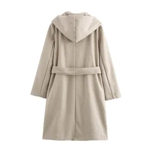 Detailed back view of women's oatmeal hooded wool-like belted coat with elegant loose fit