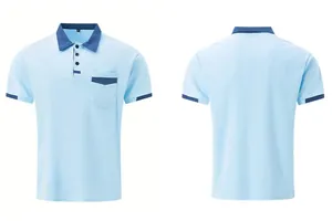 Front and back detail of light blue polo shirt with contrast navy collar and pocket