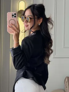 Elegant black tie-waist blazer for women, slim fit V-neck design for stylish look.
