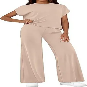 Casual two-piece loungewear set featuring a short-sleeved top and wide-leg pants in beige