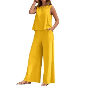 Women's yellow casual two-piece summer set featuring sleeveless top and wide-leg pants