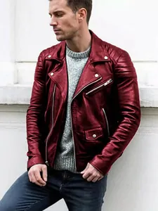 Men's deep red motorcycle leather jacket with stand collar punk style and quilted shoulders