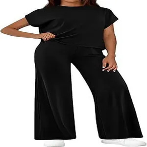 Casual women's two-piece black short sleeve t-shirt and wide-leg lounge pants set