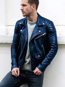 Fashionable blue men's motorcycle faux leather jacket featuring a classic punk lapel design