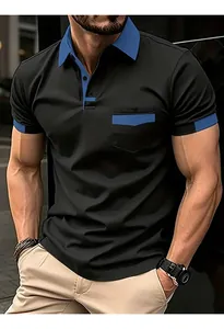Men's black Polo shirt with blue contrast collar and pocket, athletic fit for summer.