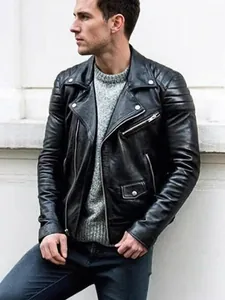 Classic black leather motorcycle jacket for men with quilted shoulders and zipper details