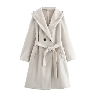 Elegant solid color hooded coat with adjustable waist belt for women