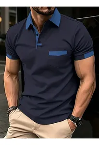 Detailed view of navy blue polo shirt with contrast light blue trim on a model