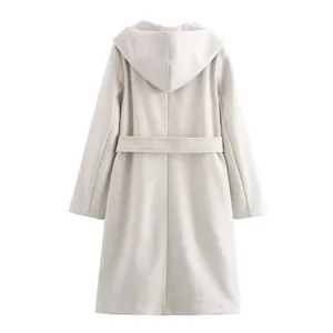 Back view of a fashionable cream hooded coat with a waist belt for women