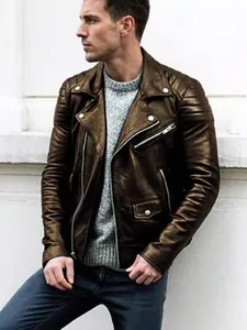 Men's stylish brown faux leather biker jacket featuring a punk design and classic lapel collar