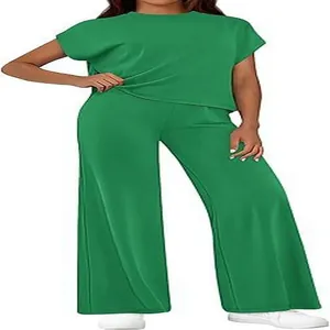 Women's casual green two-piece lounge set with short sleeve top and wide leg pants