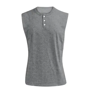 Canotta Henley grigia da uomo con classica abbottonatura a tre bottoni per il fitness