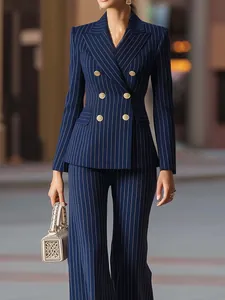 Professional navy blue pinstripe double-breasted suit set for women with golden buttons