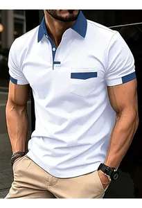 Close-up of a men's white short sleeve polo shirt featuring blue contrast collar and pocket