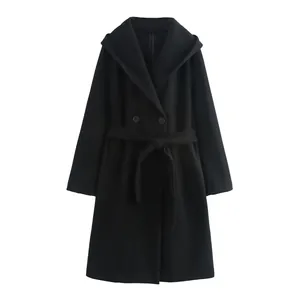 Detailed front view of a stylish black hooded wrap coat featuring a matching tie waist belt.