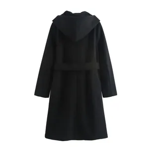 Back view of a fashionable and stylish long black hooded coat with a matching waist belt