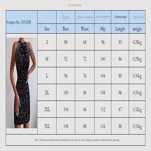 Size chart detail for sequined bodycon dress with crystal tassel decoration in CM