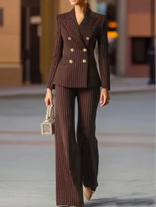 Elegant brown pinstripe blazer and matching wide-leg trouser suit for business women