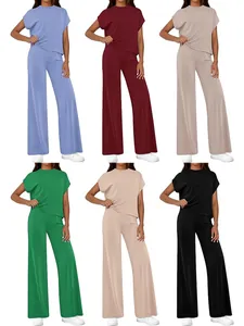 Women Casual 2 Piece Top And Bottom Short Sleeve Round Neck T-Shirt High Waist Wide Leg Pants Solid Color Loose Fashion Summer Outfit