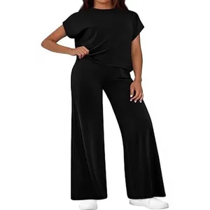 Comfortable women's black two-piece set with short sleeve top and casual wide leg trousers.