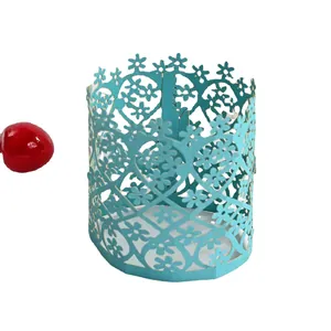Light blue laser-cut hollow paper lampshade for LED candles with floral patterns