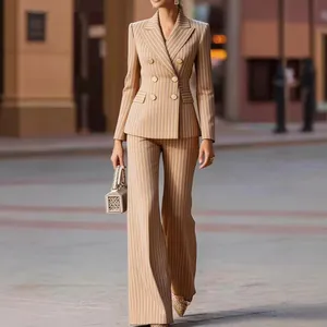 Elegant camel pinstripe double-breasted blazer and high-waist wide-leg trousers suit set