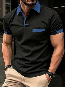 Stylish men's black business casual polo shirt with blue contrast collar and pocket detail