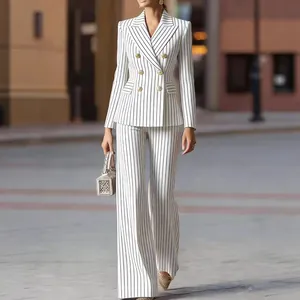 Professional white and black striped double-breasted blazer with wide-leg trousers set