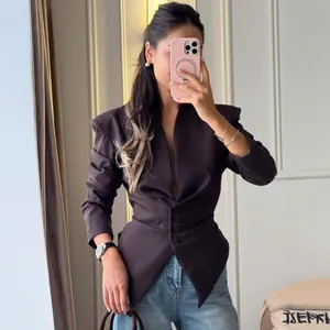 Fashionable slim-fit brown blazer with V-neck and waist-cinching design for women.
