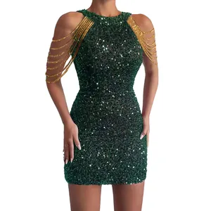 Stunning green sequin bodycon mini dress with elegant gold beaded shoulder fringe