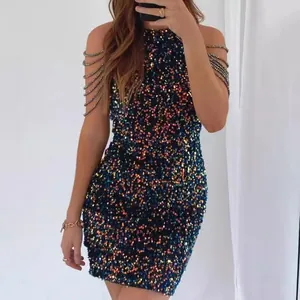 Glamorous colorful sequin bodycon mini dress featuring elegant crystal fringe shoulder details