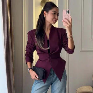 Elegant maroon slim-fit V-neck blazer for women featuring a stylish waist-cinching design.